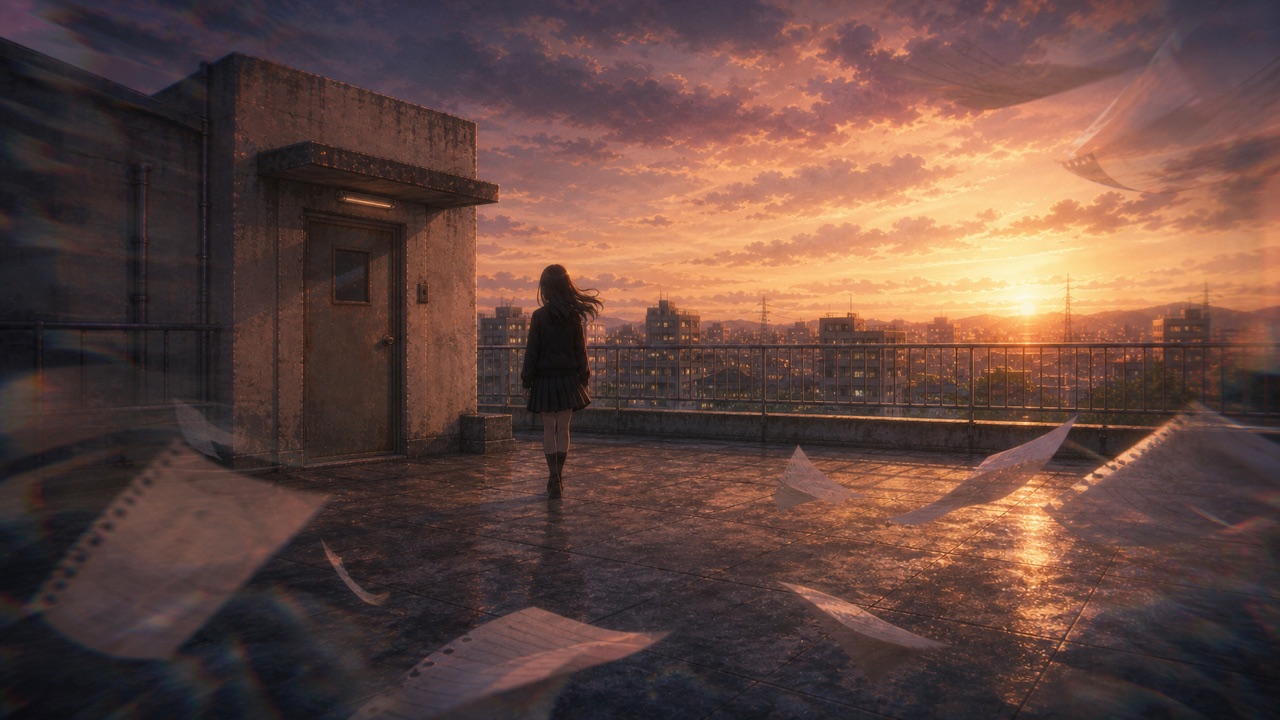 《回声之前》屋顶夕阳与飞散纸张的场景插画